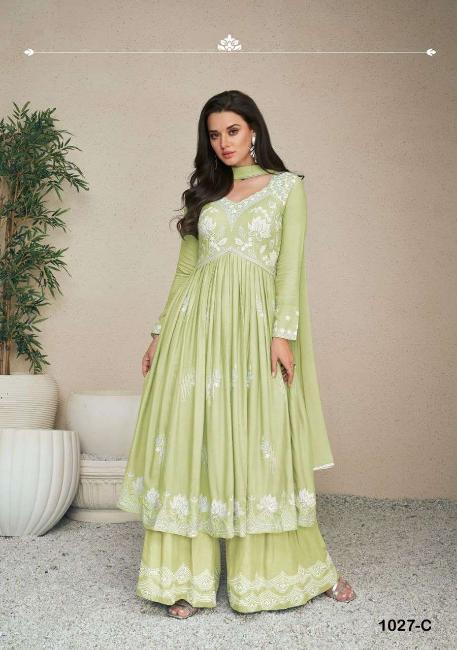 LAKHNAVI VOL 5 LIGHT COLOR HEAVY REYON LAKHNAQI WORK NAYRA CUT KURTI WITH PLAZZO AND NAZMIN DUPATTA BT VAMIKA BRAND 1003